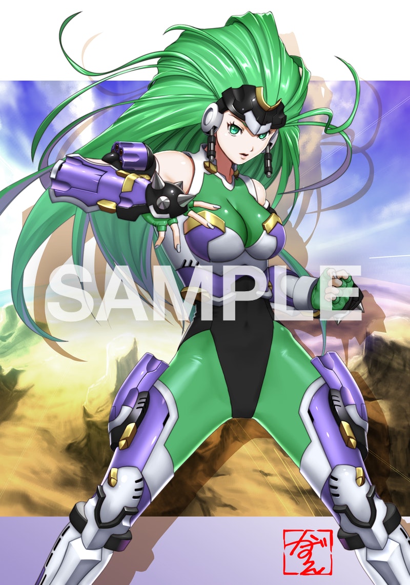 1girl aschen_brodel bangs bodysuit breasts clenched_hand commission covered_navel fingerless_gloves gloves green_eyes green_gloves green_hair long_hair looking_at_viewer medium_breasts open_hand parted_lips saitou_kazue sample skeb_commission solo spikes super_robot_wars super_robot_wars_og_saga_mugen_no_frontier