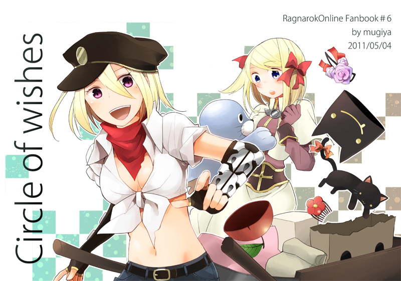 :d acolyte_(ragnarok_online) animal artist_name bag bandana bangs belt black_cat black_headwear blacksmith_(ragnarok_online) blonde_hair blue_eyes blush bow bowl brown_belt brown_gloves cabbie_hat capelet cart cat comb commentary_request copyright_name cover cover_page crop_top dated deviruchi_hat doujin_cover dress english_text fingerless_gloves gauntlets gloves hair_between_eyes hair_bow hat long_sleeves looking_at_animal looking_at_viewer negi_mugiya open_mouth pullcart ragnarok_online red_bow red_neckwear seal_(ragnarok_online) shirt short_hair smile tied_shirt upper_body upper_teeth violet_eyes white_capelet white_dress white_shirt