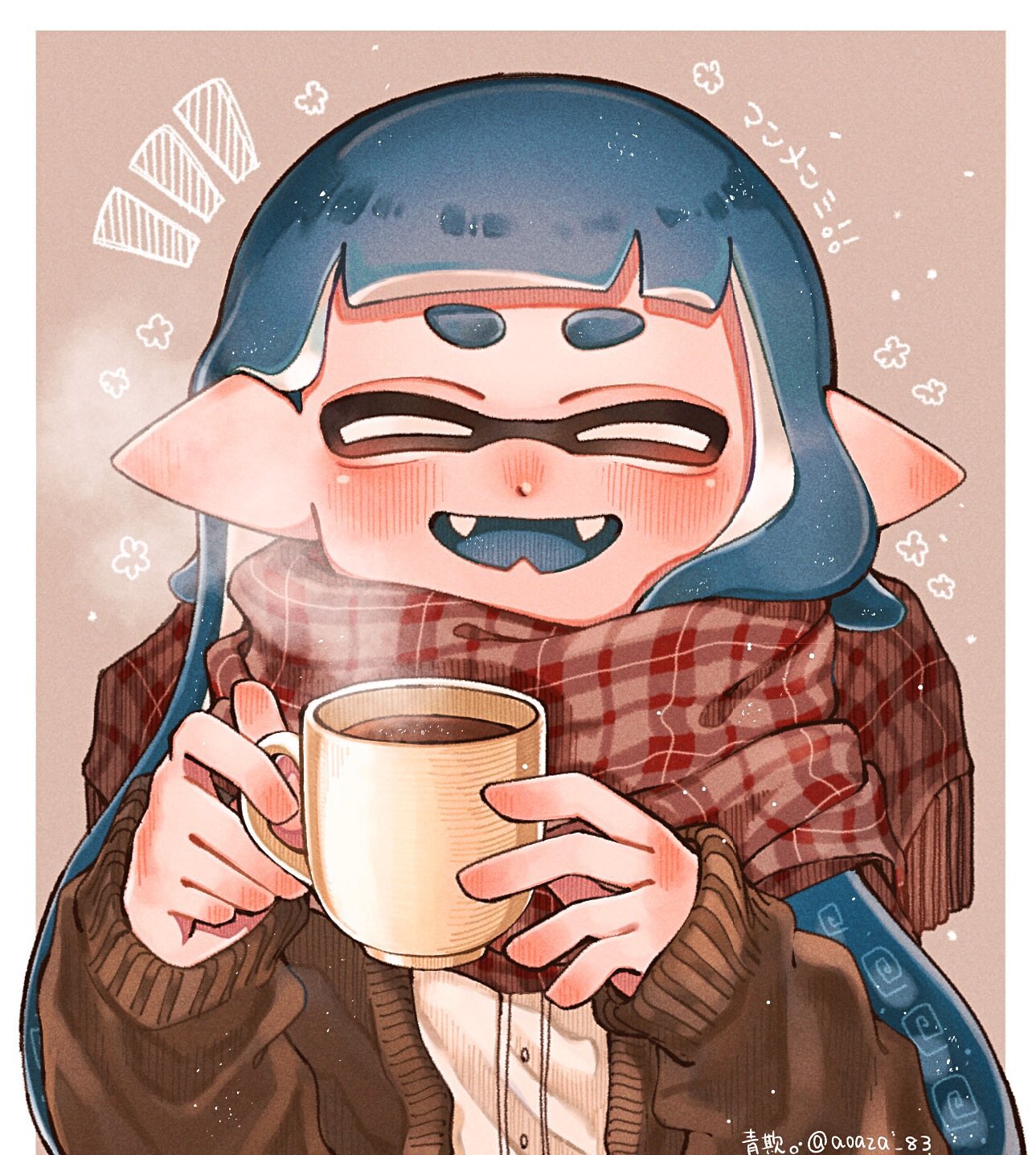 1girl ^_^ aoaza_83 bangs blue_hair blunt_bangs blush brown_cardigan cardigan closed_eyes cup domino_mask dress_shirt ear_blush fangs highres hikimayu holding holding_cup inkling long_sleeves mask open_mouth plaid plaid_scarf pointy_ears scarf shirt smile solo splatoon_(series) steam tentacle_hair