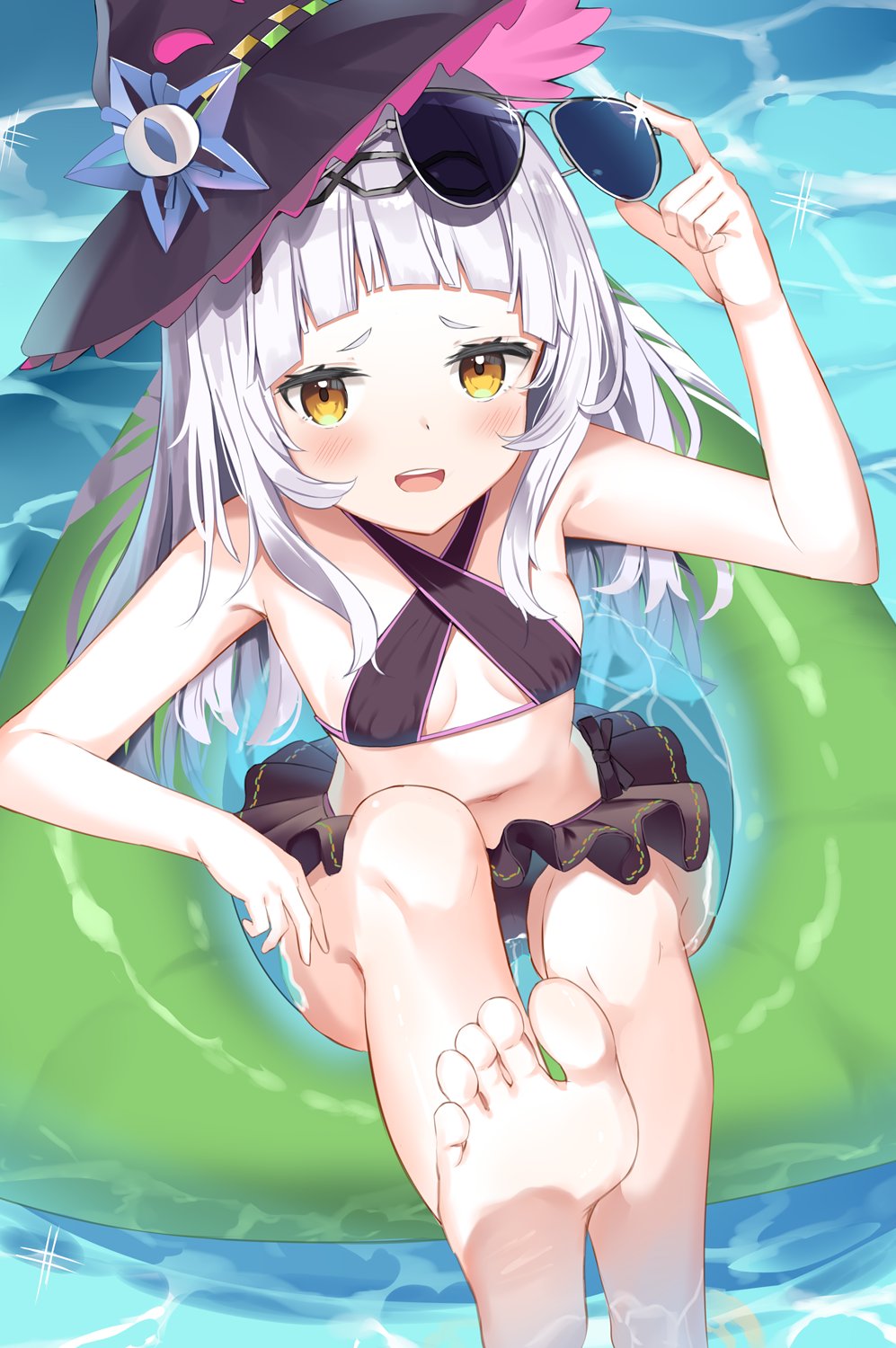 1girl :d adjusting_eyewear bangs bare_arms bare_shoulders barefoot bikini_skirt blunt_bangs blush breasts cleavage_cutout clothing_cutout eyewear_on_head from_above halterneck hat highres hololive in_water innertube long_hair looking_at_viewer mizuki_ryuu murasaki_shion open_mouth outdoors purple_headwear purple_swimsuit small_breasts smile soles solo sunglasses swimsuit upper_teeth virtual_youtuber white_hair witch_hat yellow_eyes