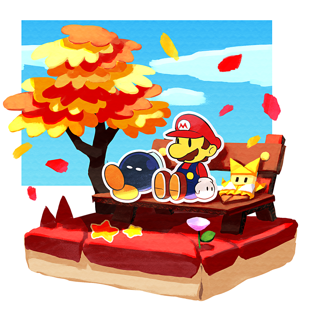 1girl 2boys autumn autumn_leaves bench blue_overalls blue_sky bobby_(paper_mario) brown_footwear brown_hair clouds commentary_request day facial_hair falling_leaves flower gloves hat leaf long_sleeves looking_to_the_side maple_leaf mario super_mario_bros. multiple_boys mustache olivia_(paper_mario) on_bench outdoors outline overalls paper_mario paper_mario:_the_origami_king park_bench purple_flower red_headwear red_shirt sakino_(sanodon) shirt shoes short_hair sitting sitting_on_bench sky solid_oval_eyes star_(symbol) tree white_gloves white_outline yellow_headwear