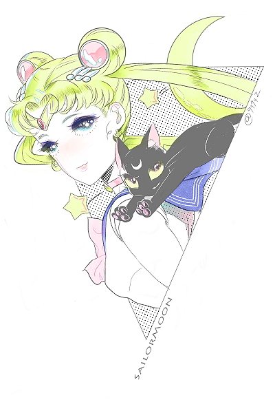 1girl aqua_eyes bangs bishoujo_senshi_sailor_moon black_cat blonde_hair blue_sailor_collar blush cat denjinq hair_ornament hairclip halftone long_hair looking_at_viewer luna_(sailor_moon) parted_bangs sailor_collar sailor_moon solo star_(symbol) triangle tsukino_usagi twintails twitter_username upper_body