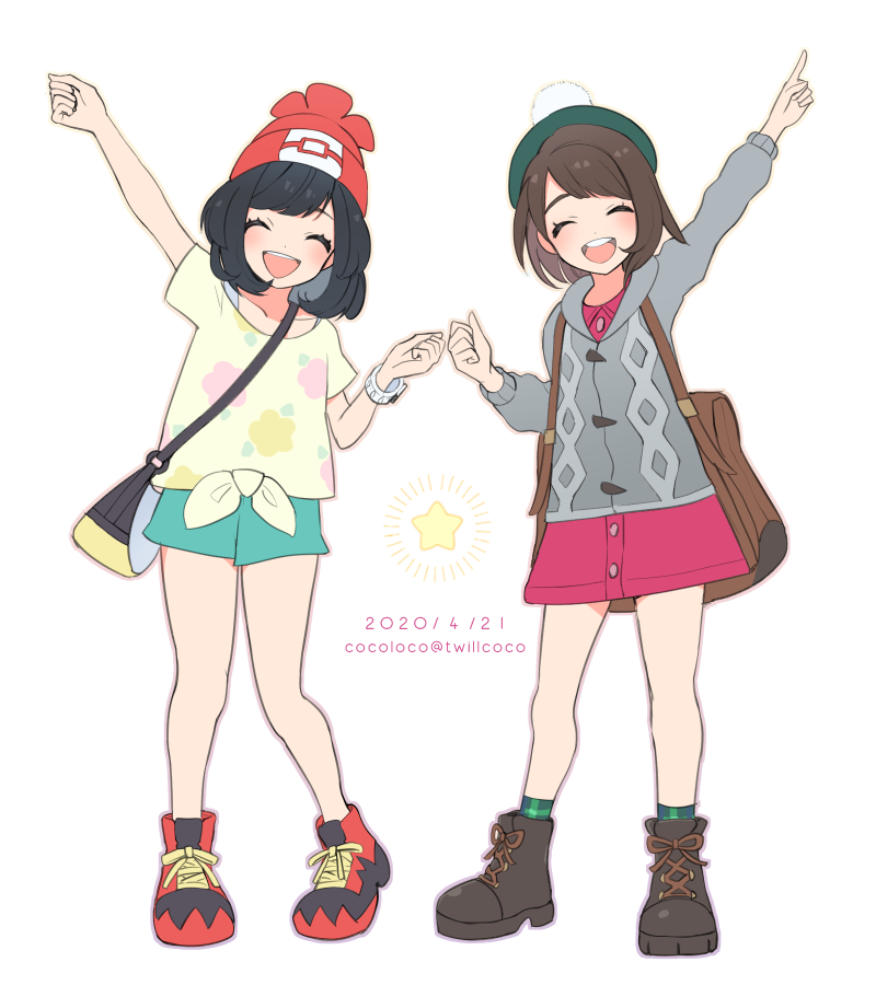 2girls :d ^_^ arm_up artist_name backpack bag beanie black_bag black_footwear black_hair boots bracelet brown_bag brown_footwear brown_hair buttons cardigan closed_eyes dated dress floral_print gloria_(pokemon) green_headwear green_legwear green_shorts grey_cardigan hat jewelry kokoroko long_sleeves loose_clothes loose_shirt multiple_girls open_mouth pink_dress plaid plaid_legwear pokemon pokemon_(game) pokemon_sm pokemon_swsh red_footwear red_headwear selene_(pokemon) shirt shoes short_hair short_sleeves shorts simple_background smile socks star_(symbol) tam_o'_shanter tied_shirt white_background yellow_bag yellow_shirt z-ring