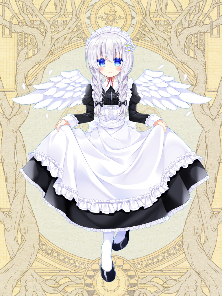 1girl apron bangs black_bow black_dress black_footwear blue_eyes blush bow braid closed_mouth dairoku_youhei dress eyebrows_visible_through_hair feathered_wings flower frilled_apron frills full_body hair_between_eyes hair_bow hair_flower hair_ornament hair_over_shoulder juliet_sleeves long_hair long_sleeves maid maid_apron maid_headdress official_art pantyhose puffy_sleeves shikito shoes skirt_hold smile solo standing twin_braids white_apron white_flower white_legwear white_wings wings