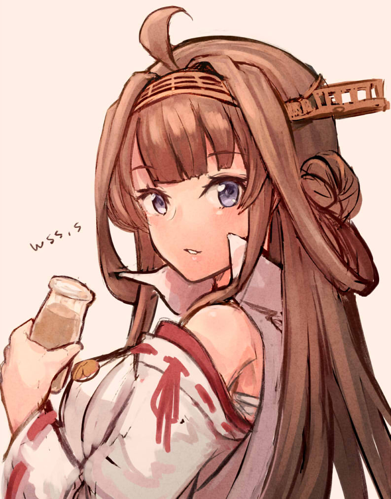 1girl ahoge artist_name beige_background bottle brown_hair chocolate_milk commentary_request detached_sleeves double_bun hairband headgear japanese_clothes kantai_collection kongou_(kancolle) long_hair looking_at_viewer parted_lips popped_collar remodel_(kantai_collection) ribbon-trimmed_sleeves ribbon_trim simple_background solo wss_(nicoseiga19993411)