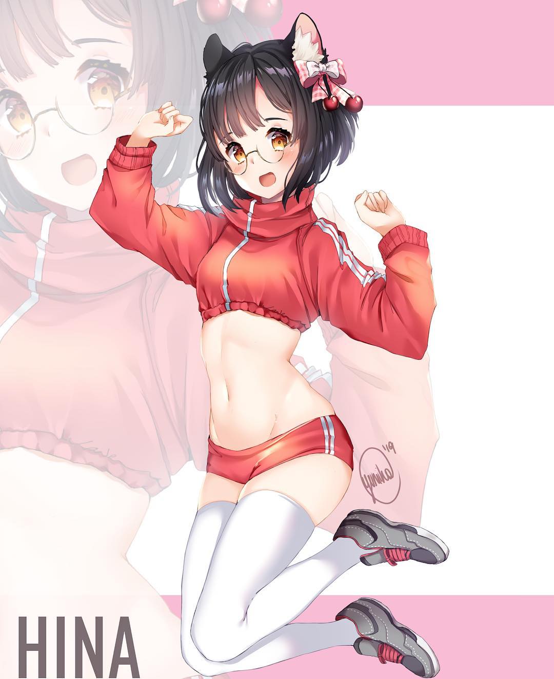 1girl :d animal_ear_fluff animal_ears arm_up black_hair bow buruma crop_top glasses groin hair_bow hand_up high_collar highres legs_up long_sleeves looking_at_viewer midriff navel open_mouth original red_buruma red_shirt round_eyewear shirt shoes short_hair smile sneakers solo stomach thigh-highs thighs white_legwear yellow_eyes yuniiho zoom_layer