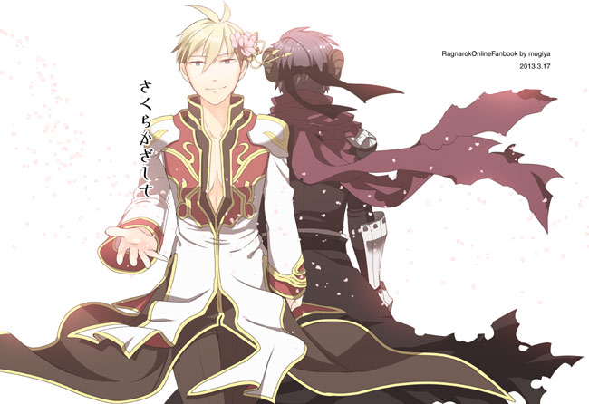 2boys armor assassin_cross_(ragnarok_online) bangs black_blindfold black_cape black_coat black_pants black_shirt blindfold blonde_hair cape closed_mouth coat commentary_request cover cover_page cowboy_shot doujin_cover flower gauntlets hair_between_eyes hair_flower hair_ornament high_priest_(ragnarok_online) horns layered_clothing long_sleeves looking_at_viewer multiple_boys negi_mugiya outstretched_hand pants pauldrons pink_flower purple_hair ragnarok_online red_scarf scarf shirt short_hair shoulder_armor simple_background smile torn_cape torn_clothes torn_scarf translation_request waist_cape white_background white_coat