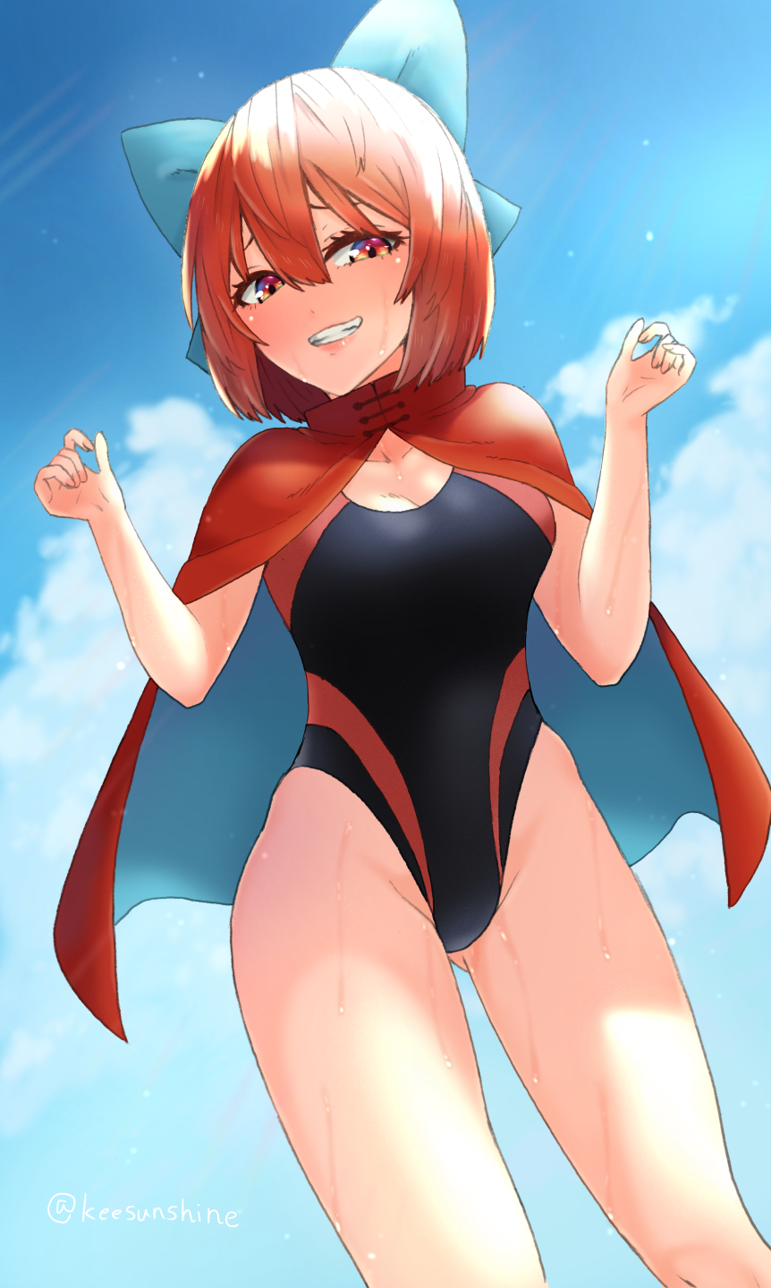 1girl black_swimsuit blue_bow blue_sky bow cape cloak clouds commentary_request competition_swimsuit cowboy_shot day grin hair_bow highleg highleg_swimsuit highres ke-su looking_at_viewer one-piece_swimsuit outdoors red_cloak red_eyes redhead sekibanki short_hair sky smile solo standing swimsuit touhou