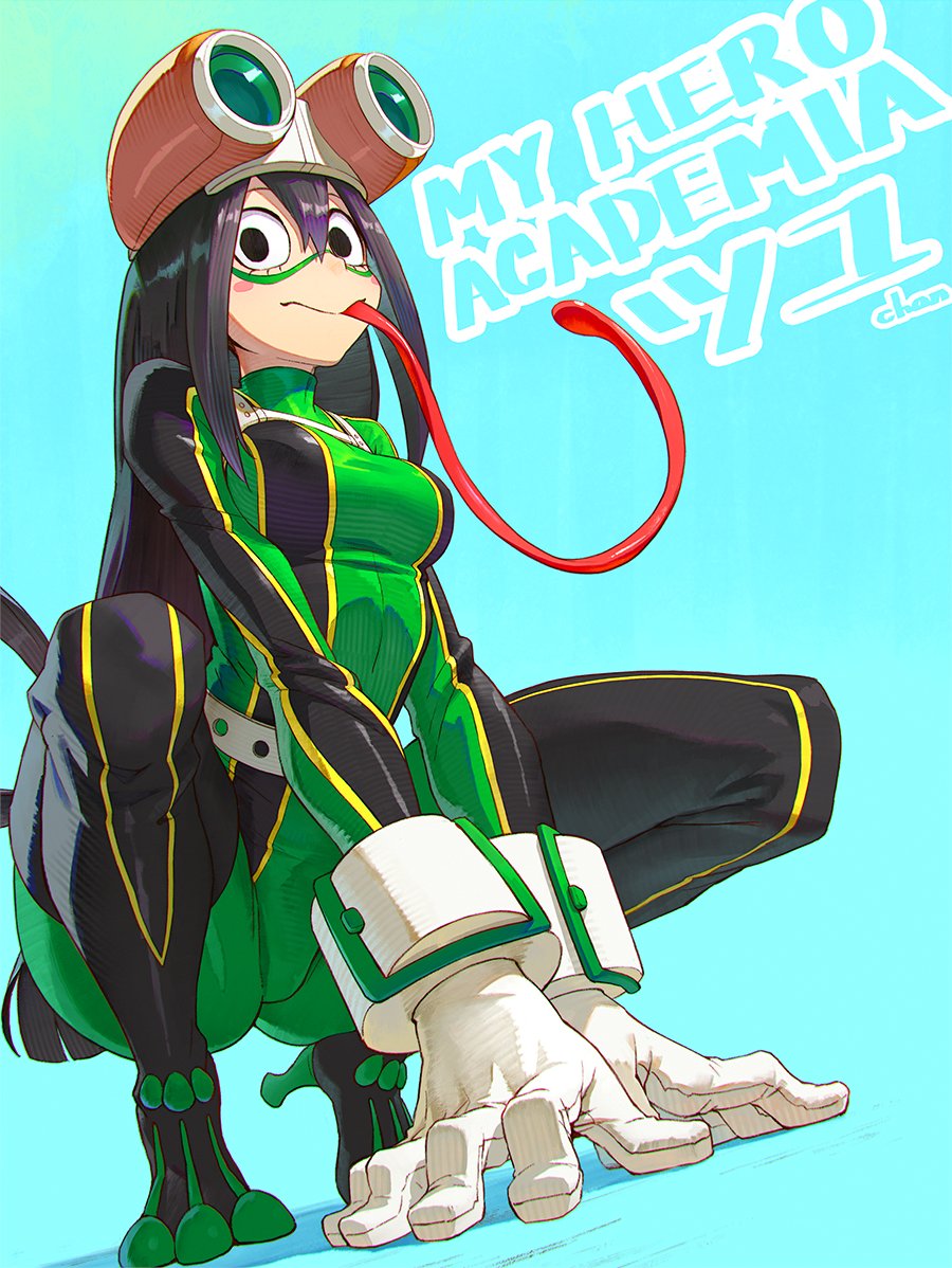 1girl asui_tsuyu black_eyes black_hair blue_background bodysuit boku_no_hero_academia breasts character_name commentary_request copyright_name gloves goggles goggles_on_head gradient gradient_background green_bodysuit long_hair long_tongue looking_at_viewer mask medium_breasts shuichi_wada simple_background solo squatting tongue very_long_tongue white_gloves