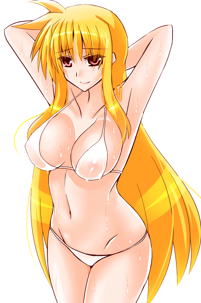 1girl arm_behind_head bikini blonde_hair breasts commentary_request covered_navel cowboy_shot engo_(aquawatery) fate_testarossa groin large_breasts long_hair lyrical_nanoha mahou_shoujo_lyrical_nanoha_strikers red_eyes simple_background solo swimsuit wet white_background white_bikini