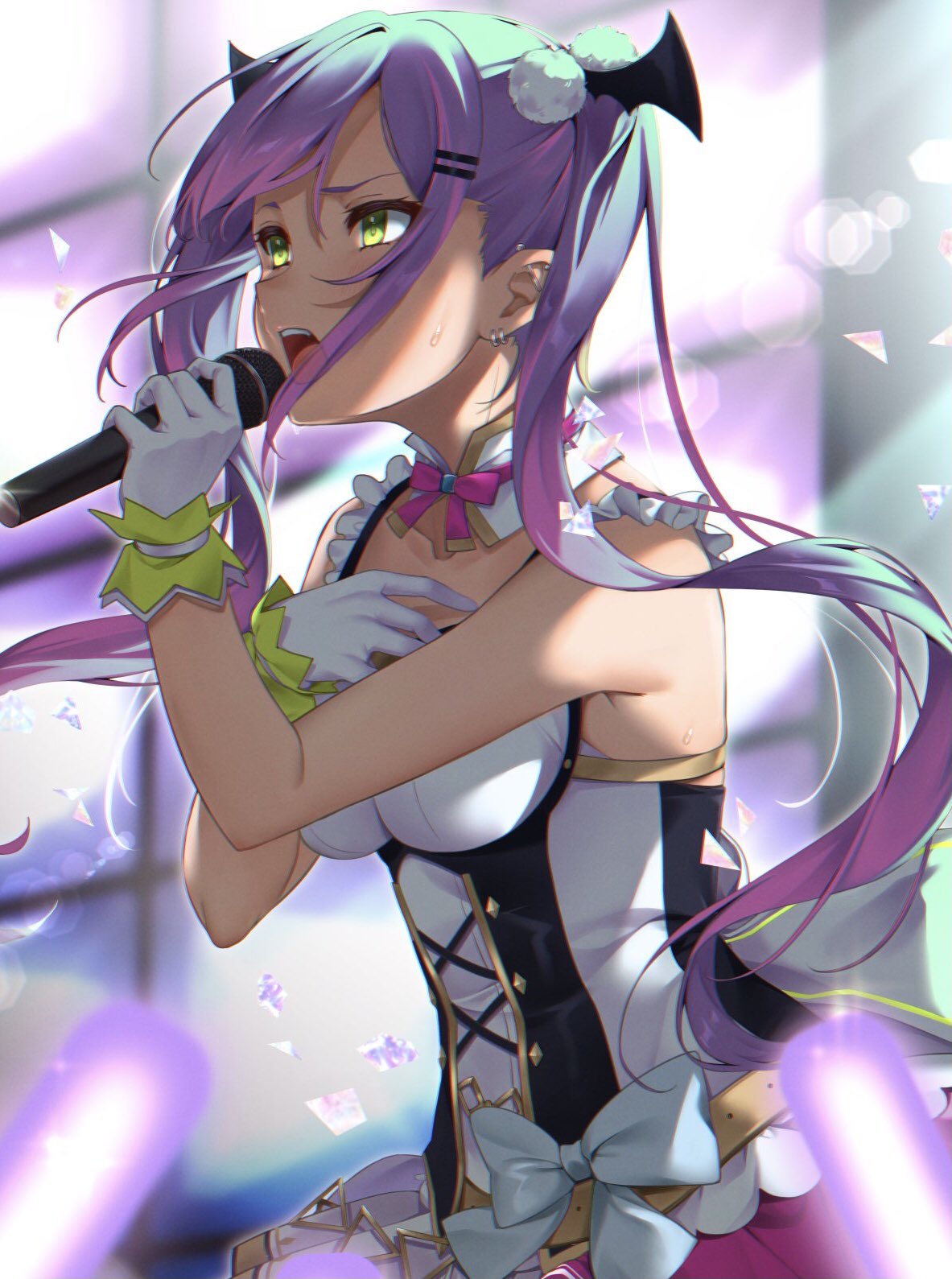 1girl breasts demon_girl detached_collar dress dress_bow ear_piercing frills gloves gold_trim green_eyes hair_ornament hairclip highres hololive izumikei001 long_hair microphone multicolored_hair piercing pom_pom_(clothes) purple_hair sidelocks signature solo stage streaked_hair tokoyami_towa twintails virtual_youtuber wing_hair_ornament
