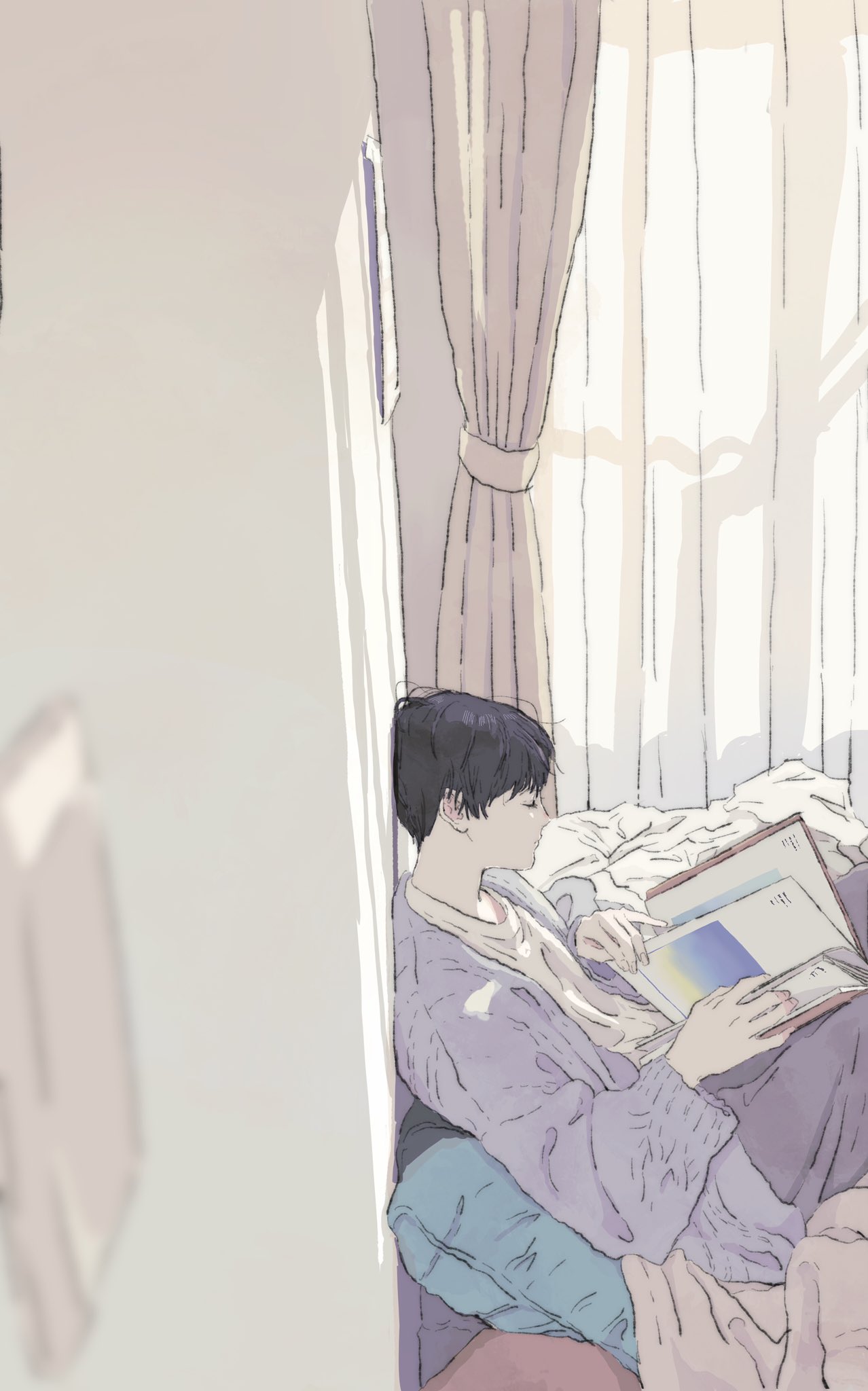 1boy bed black_hair blue_cardigan blurry blurry_foreground book cardigan closed_eyes commentary_request curtains highres indoors male_focus mgm_f5 on_bed open_cardigan open_clothes original pillow profile reading shadow shirt short_hair sitting sitting_on_bed solo white_shirt