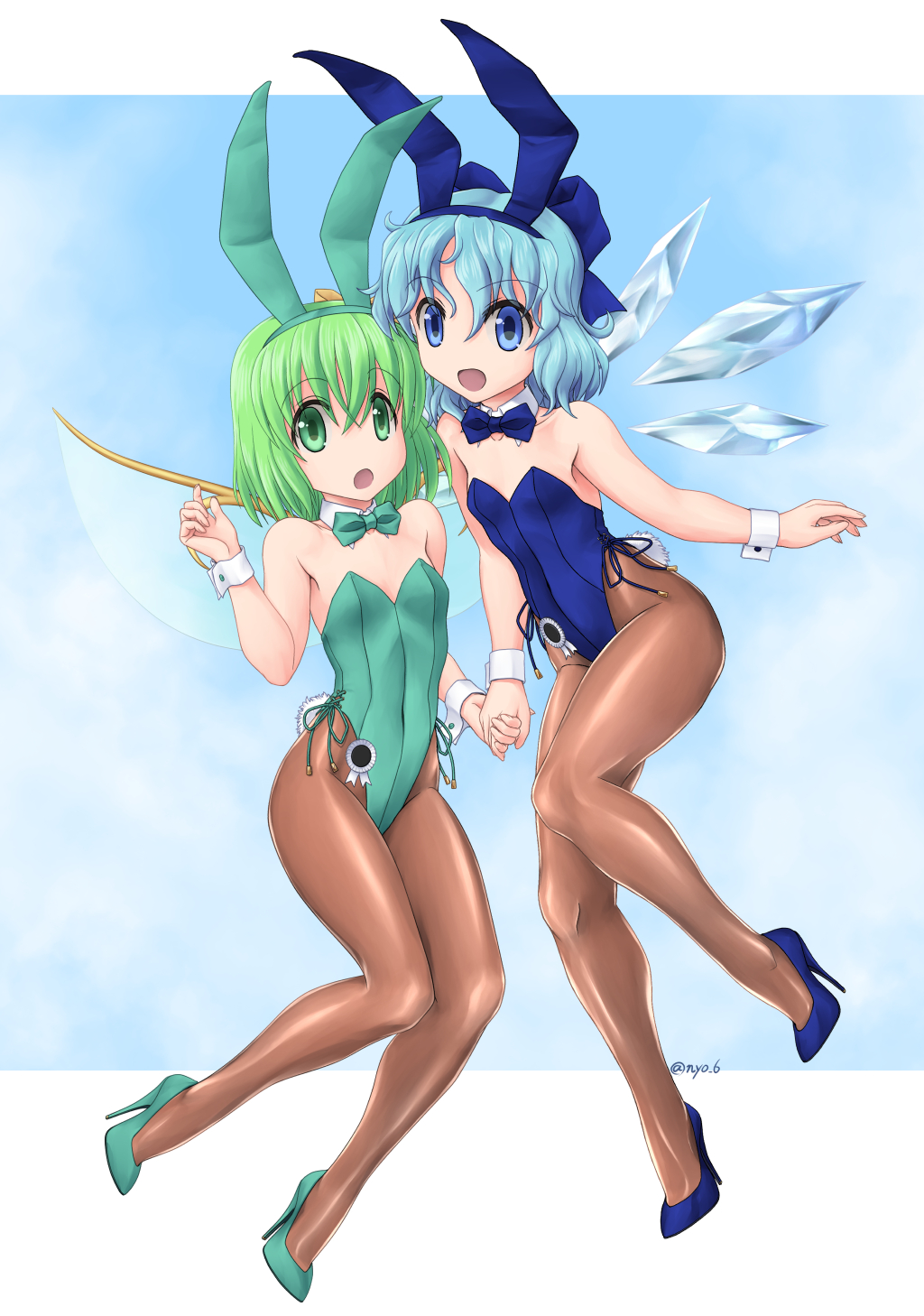 2girls animal_ears blue_eyes blue_footwear blue_hair blue_leotard blue_neckwear bow bowtie brown_legwear bunny_tail cirno commentary_request commission daiyousei detached_collar fairy_wings full_body green_eyes green_footwear green_hair green_leotard green_neckwear high_heels highres ice ice_wings leotard looking_at_viewer multiple_girls nyo pantyhose playboy_bunny rabbit_ears short_hair skeb_commission strapless strapless_leotard tail touhou wings wrist_cuffs