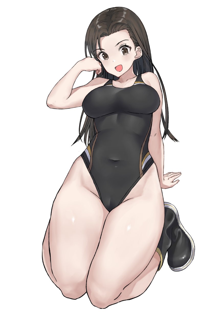 1girl asymmetrical_bangs bangs black_footwear black_hair black_swimsuit boots breasts brown_eyes competition_swimsuit girls_und_panzer girls_und_panzer_gekijouban highres long_hair looking_at_viewer medium_breasts nishi_kinuyo one-piece_swimsuit simple_background solo straight_hair swimsuit white_background yamano_rita