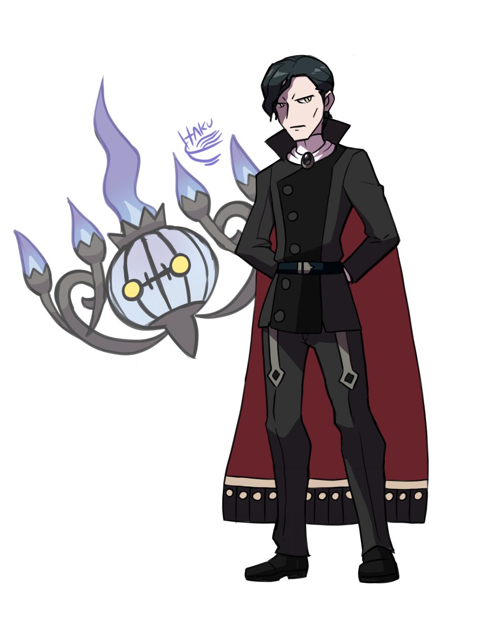 1boy arms_behind_back belt black_footwear black_hair black_pants cape chandelure fire fire_emblem fire_emblem:_three_houses full_body gen_5_pokemon hakuramen high_collar highres hubert_von_vestra pants pokemon pokemon_(creature) signature simple_background standing white_background yellow_eyes