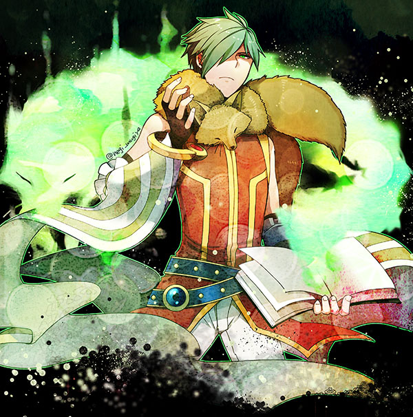 1boy animal_around_neck bangle bangs belt black_gloves blue_belt book bracelet closed_mouth commentary_request cowboy_shot detached_sleeves fingerless_gloves fox gloves green_eyes green_hair hair_over_one_eye holding holding_book jewelry looking_at_viewer male_focus negi_mugiya pants professor_(ragnarok_online) ragnarok_online red_shirt shirt short_hair sleeveless sleeveless_shirt solo striped_sleeves twitter_username white_pants white_sleeves yellow_sleeves