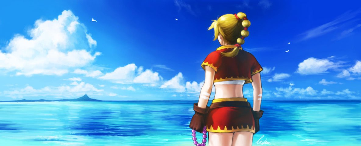 1girl blonde_hair chrono_cross clouds gloves high_ponytail himura_(him-la) jewelry kid_(chrono_cross) long_hair midriff multi-tied_hair necklace ocean ponytail skirt solo vest