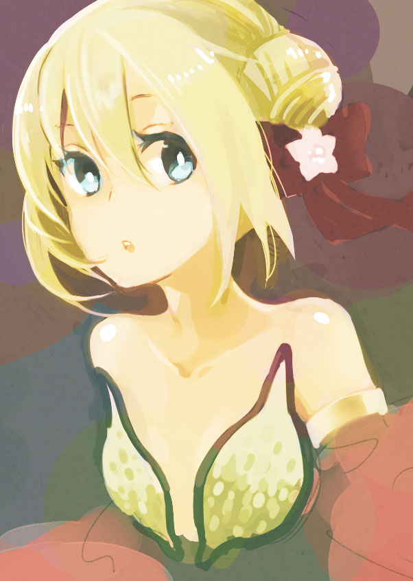 1girl :o bangs bikini blonde_hair blue_eyes bow breasts commentary_request detached_sleeves double_bun flower gypsy_(ragnarok_online) hair_between_eyes hair_bow hair_flower hair_ornament looking_to_the_side negi_mugiya open_mouth pink_flower ragnarok_online red_bow red_sleeves sequins short_hair small_breasts solo strapless strapless_bikini swimsuit upper_body yellow_bikini