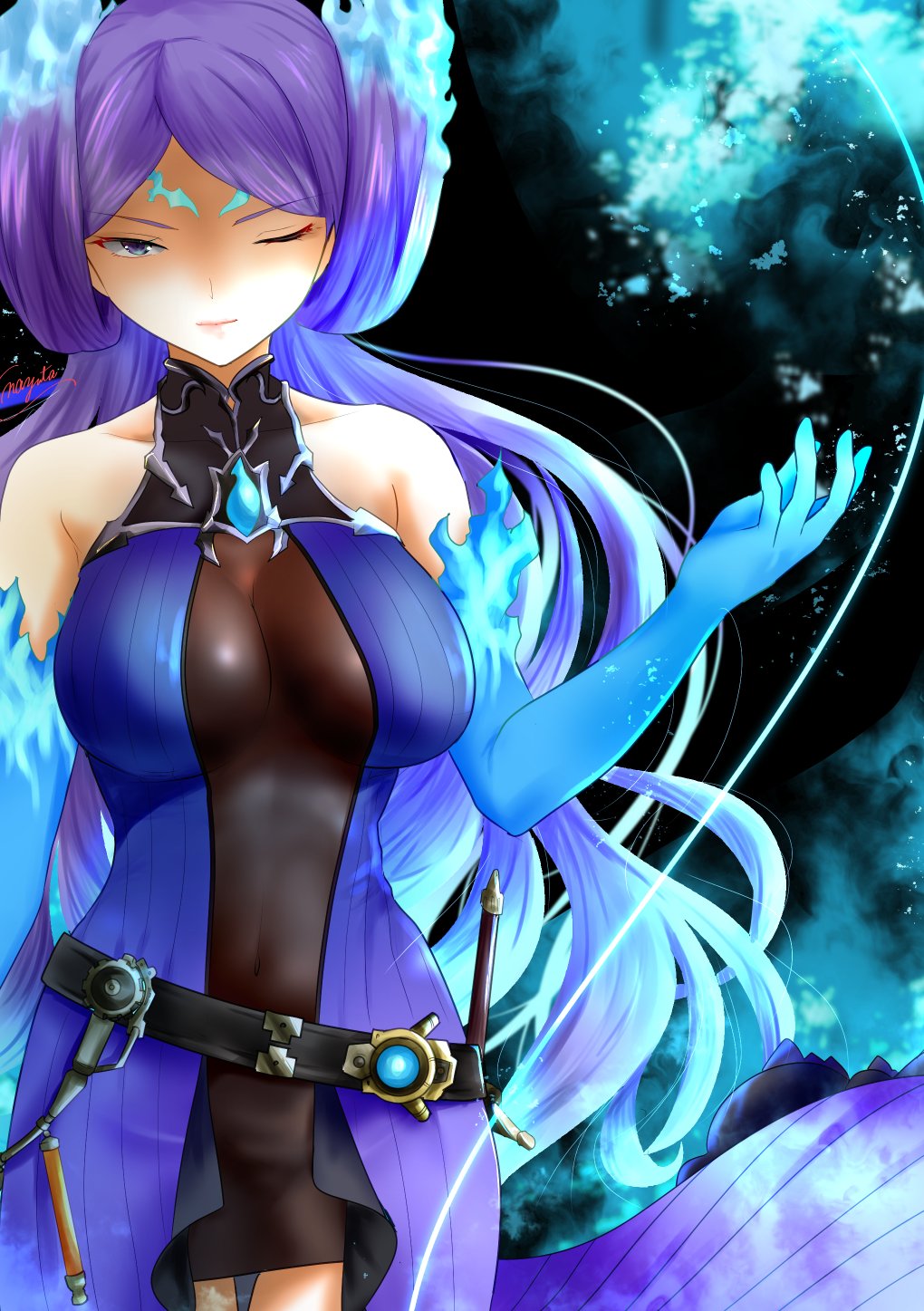 bare_shoulders blue_fire blue_gloves breasts brighid_(xenoblade) center_opening chest_jewel covered_navel cowboy_shot dagger fiery_hair fire gloves highres large_breasts long_hair nayuta-kanata one_eye_closed purple_hair very_long_hair violet_eyes weapon xenoblade_chronicles_(series) xenoblade_chronicles_2