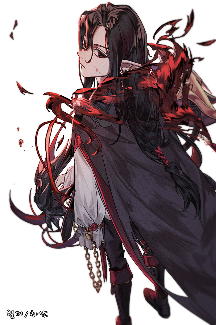 1boy black_hair blood blood_mage_(dungeon_and_fighter) cape dungeon_and_fighter earrings jewelry kasy long_hair looking_at_viewer looking_back male_mage_(dungeon_and_fighter) pointy_ears ponytail red_eyes scar scar_on_cheek scar_on_face