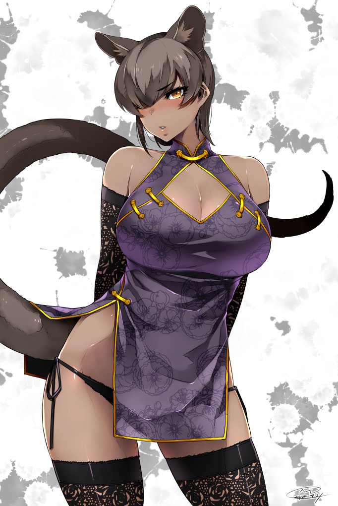 1girl alternate_costume animal_ear_fluff animal_ears bangs bare_shoulders black_gloves black_legwear black_panties blush breasts brown_eyes china_dress chinese_clothes cleavage_cutout clothing_cutout commentary_request cowboy_shot dark_skin dark-skinned_female dress elbow_gloves extra_ears eyebrows_visible_through_hair floral_print fossa_(kemono_friends) fossa_ears fossa_tail gloves hair_over_one_eye happa_(cloverppd) kemono_friends large_breasts looking_at_viewer panties parted_lips print_dress purple_dress short_dress short_hair side-tie_panties side_slit simple_background solo symbol_commentary tail thigh-highs underwear