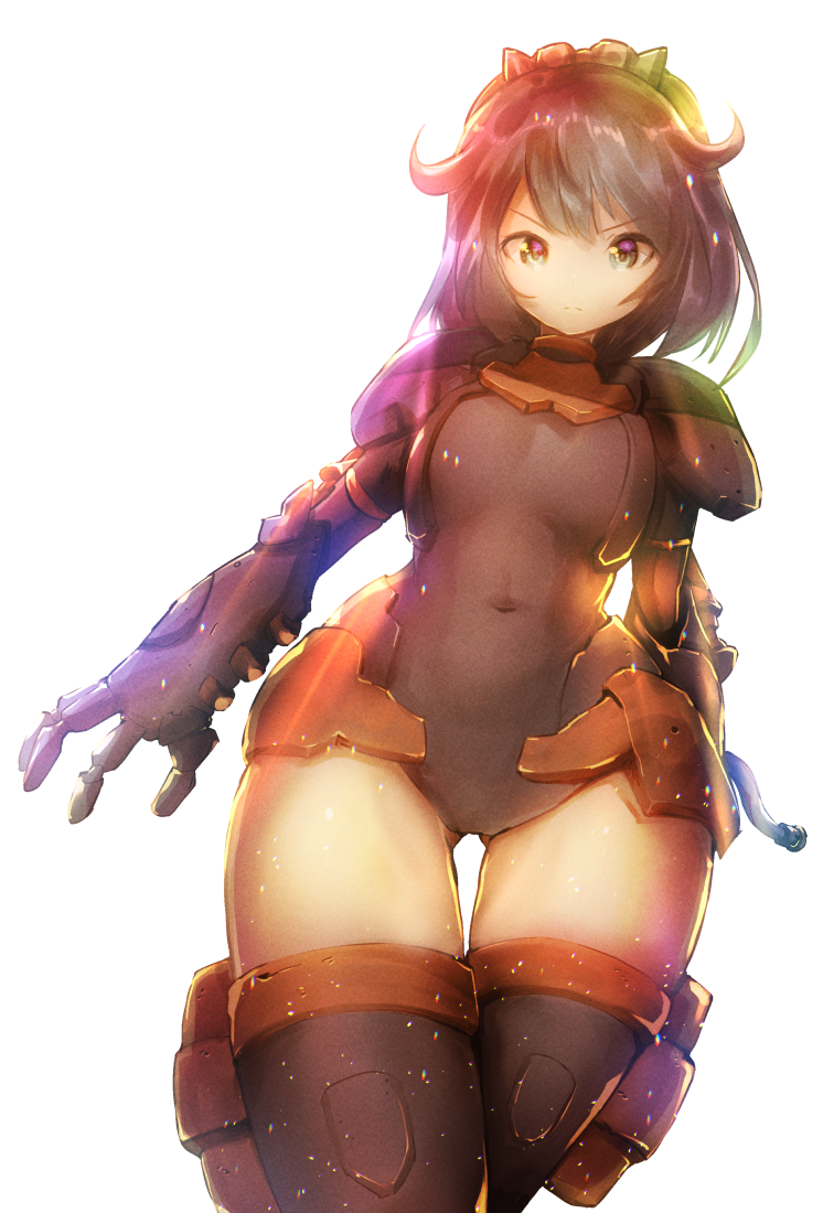 1girl alternate_hair_color alternate_hairstyle ass_visible_through_thighs bangs cowboy_shot green_eyes hairband leotard mecha_musume open_hand richetta_(30ms) science_fiction short_hair solo thigh-highs thirty_minutes_sisters usapenpen2019 v-shaped_eyebrows white_background