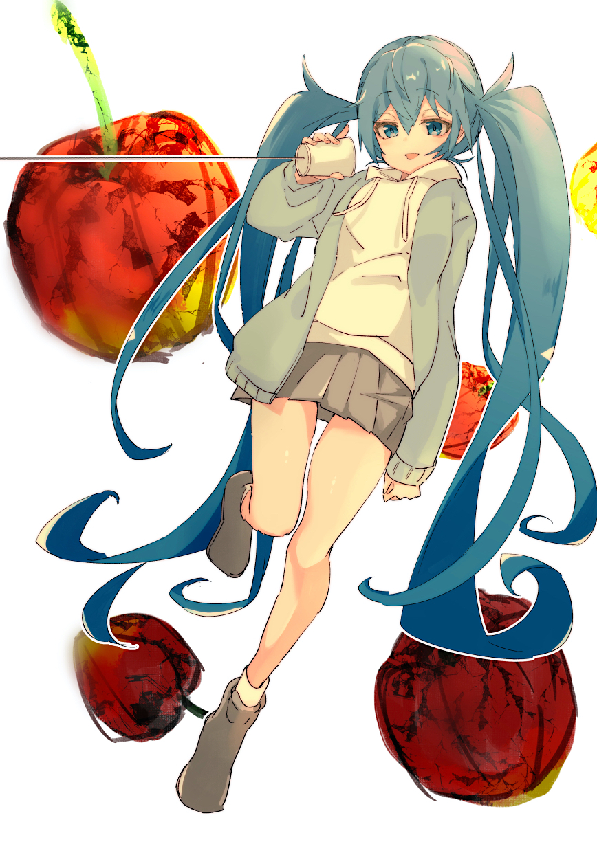 1girl apple aqua_eyes aqua_hair blue_jacket bokarokaku commentary cup disposable_cup drawstring food fruit grey_skirt half-closed_eyes hatsune_miku highres holding holding_cup hood hoodie jacket leg_up long_hair looking_at_viewer miniskirt open_mouth pleated_skirt skirt solo string_phone twintails very_long_hair vocaloid white_background white_hoodie