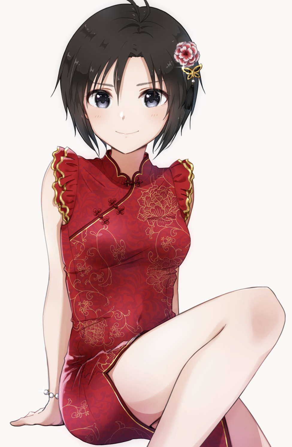 1girl antenna_hair arm_support bangs black_eyes bracelet breasts butterfly_hair_ornament china_dress chinese_clothes dress flower hair_between_eyes hair_flower hair_ornament highres idolmaster idolmaster_(classic) idolmaster_2 jewelry kikuchi_makoto knee_up light_blush looking_at_viewer mogskg navel_piercing piercing red_dress short_hair side_slit simple_background sleeveless sleeveless_dress small_breasts smile solo traditional_clothes white_background