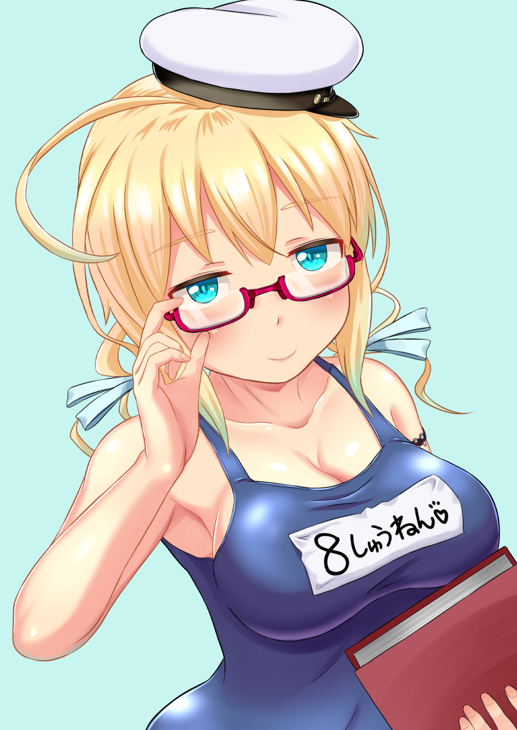 1girl blonde_hair blue_eyes book breasts glasses hat holding holding_book i-8_(kancolle) kantai_collection large_breasts low_twintails name_tag one-piece_swimsuit red-framed_eyewear sailor_hat school_swimsuit semi-rimless_eyewear solo swimsuit tsukemon twintails under-rim_eyewear upper_body white_headwear