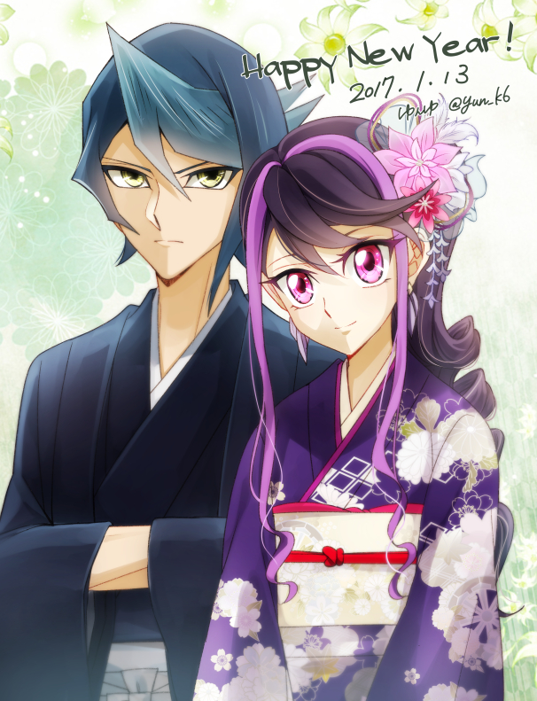 earrings happy_new_year kimono kurosaki_ruri kurosaki_shun multicolored_hair pink_eyes purple_hair yny yuu-gi-ou yuu-gi-ou_arc-v