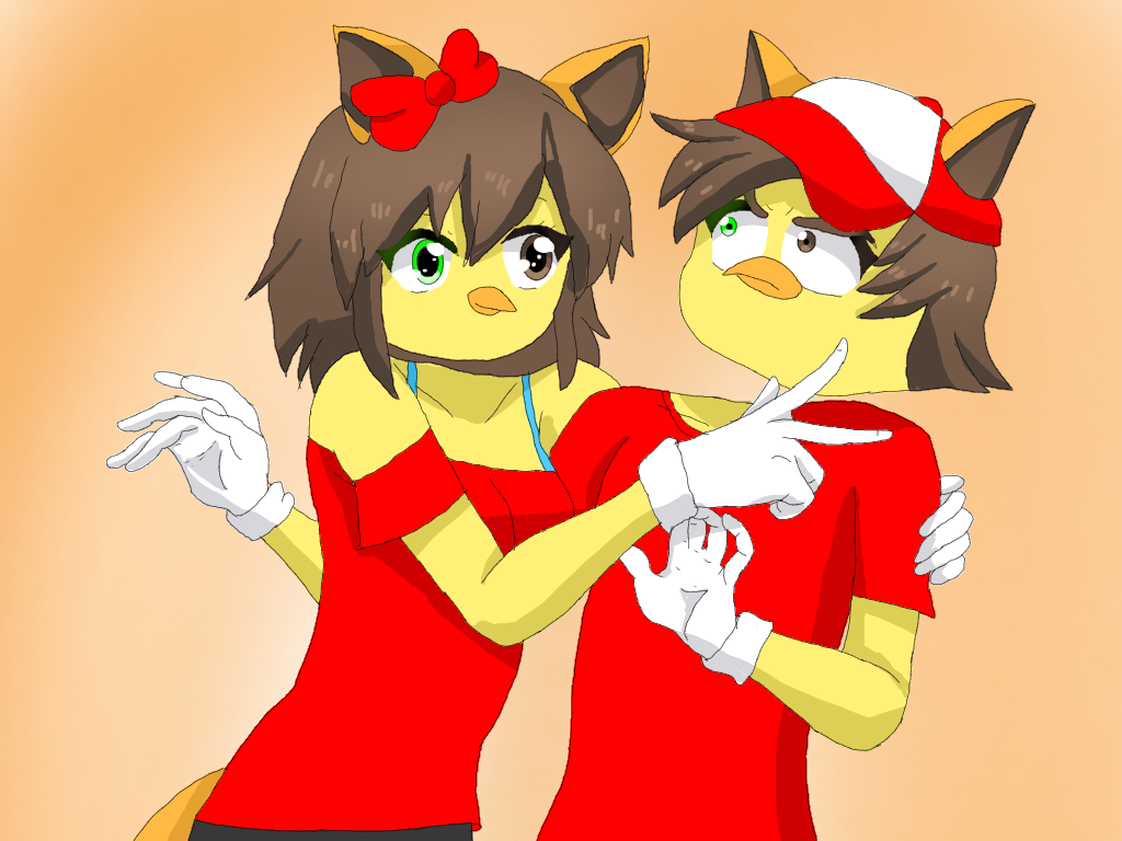 1boy 1girl angry animal_ears bird brown_eyes brown_hair cat_ears cat_tail colored_skin disembodied_head genderswap gloves green_eyes hair_ornament headless jimmy09 monster_boy monster_girl original red_headwear red_ribbon red_shirt ribbon self_upload shirt tail white_gloves yellow_skin youtube