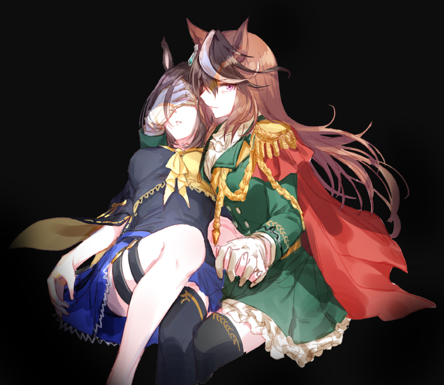 2girls aiguillette air_groove_(umamusume) animal_ears black_hair blue_skirt brown_hair cape covering_another's_eyes epaulettes floating_hair frilled_skirt frills green_jacket green_skirt holding_hands horse_ears jacket long_hair multicolored_hair multiple_girls parted_lips pleated_skirt red_cape romi_(346_ura) short_hair single_thighhigh skirt streaked_hair symbol_commentary symboli_rudolf_(umamusume) thigh-highs thigh_strap umamusume violet_eyes yuri