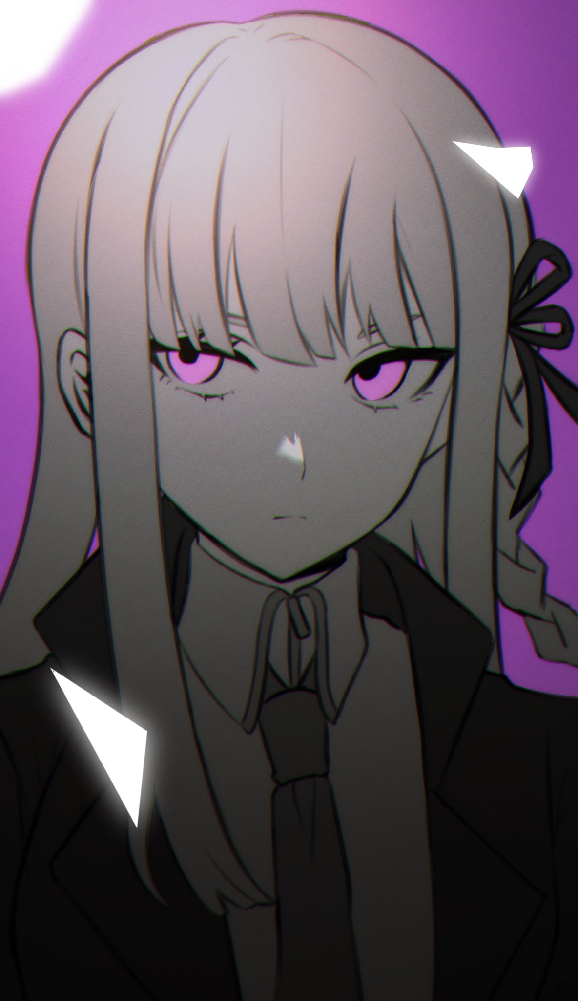 1girl alternate_eye_color bangs black_jacket braid closed_mouth collared_shirt dangan_ronpa:_trigger_happy_havoc dangan_ronpa_(series) face frown hair_ribbon highres jacket kirigiri_kyouko long_hair looking_at_viewer necktie nyu_(bbpp08) pink_background portrait ribbon shirt side_braid sideways_glance single_braid solo upper_body