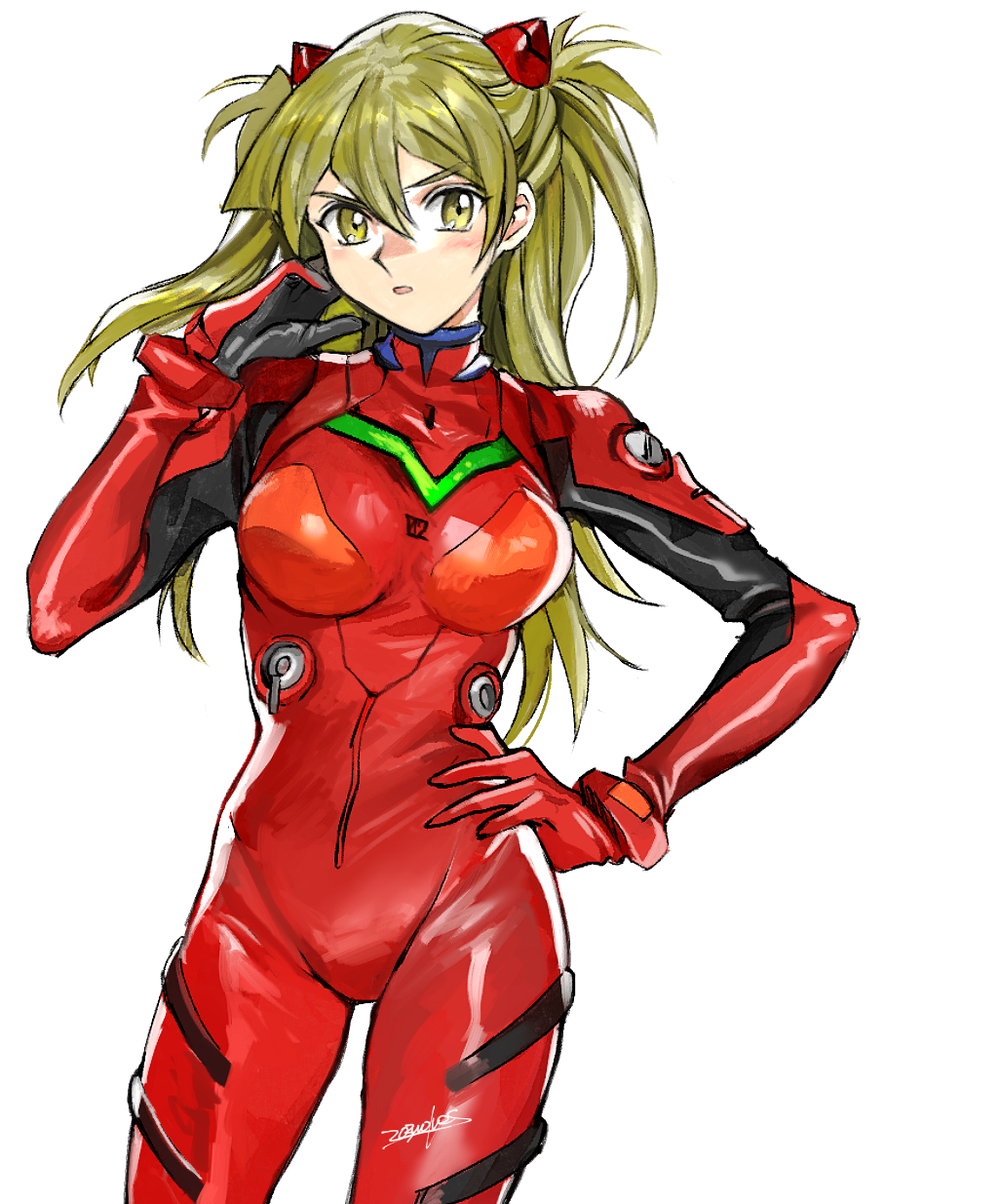 1girl 203wolves blonde_hair blush bodysuit breasts breasts_apart cosplay cowboy_shot floating_hair hair_between_eyes hand_on_hip headgear highres long_hair looking_at_viewer medium_breasts neon_genesis_evangelion open_mouth plugsuit red_bodysuit shiny shiny_hair signature simple_background solo souryuu_asuka_langley souryuu_asuka_langley_(cosplay) standing tenjouin_asuka twintails white_background yu-gi-oh! yu-gi-oh!_gx