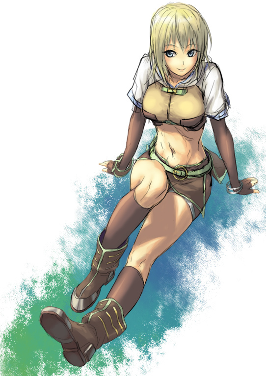 1girl bangs blue_eyes boots bracelet brown_footwear brown_gloves brown_legwear brown_shirt brown_shorts brown_skirt closed_mouth commentary_request crop_top cuboon elbow_gloves eyebrows_visible_through_hair fingerless_gloves full_body gloves hunter_(ragnarok_online) jacket jewelry kneehighs looking_at_viewer medium_hair midriff miniskirt navel ragnarok_online shirt short_shorts short_sleeves shorts shorts_under_skirt skirt smile solo standing white_background white_jacket wristband
