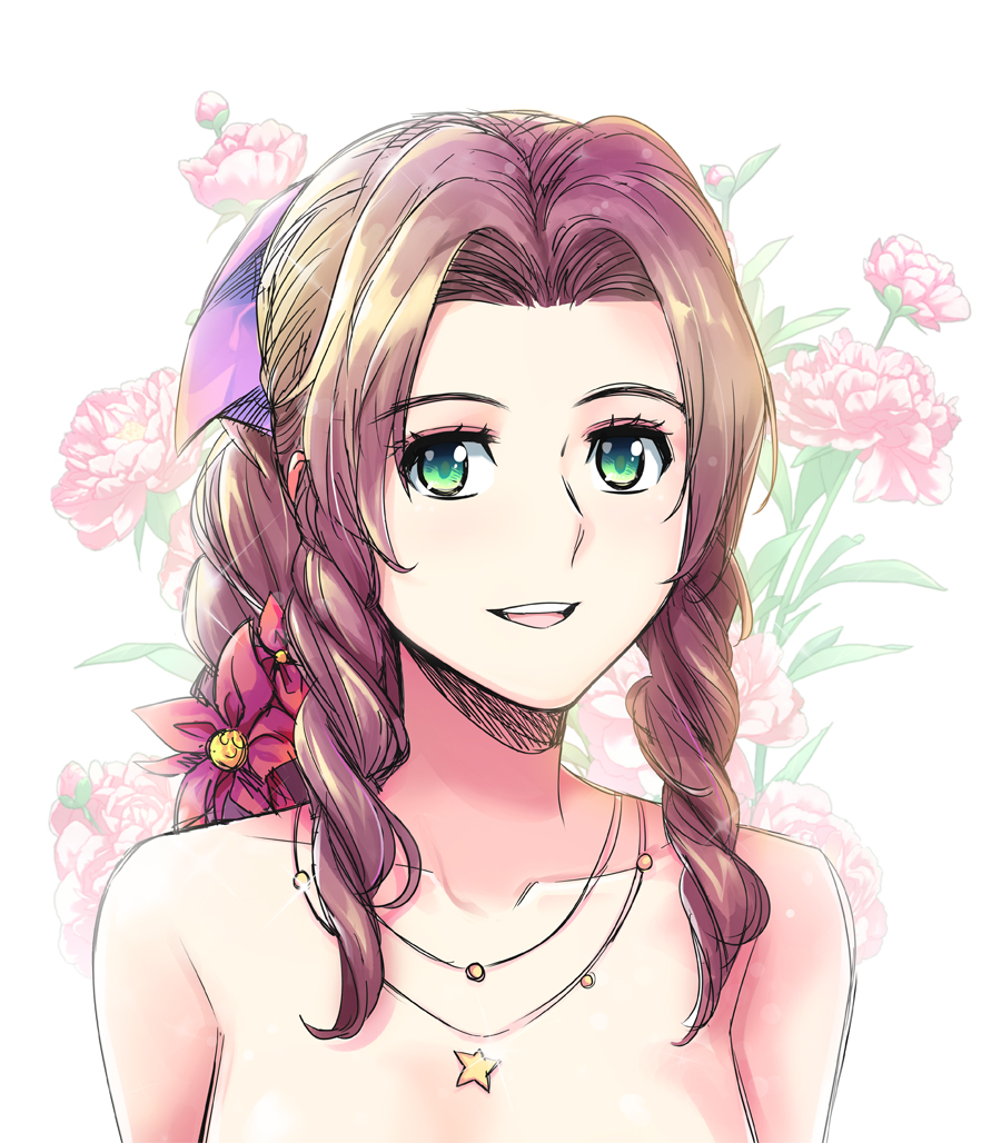 1girl aerith_gainsborough bangs bare_shoulders braid braided_ponytail brown_hair collarbone eyebrows_visible_through_hair final_fantasy final_fantasy_vii floral_background flower green_eyes hair_flower hair_ornament jewelry long_hair looking_at_viewer low_ponytail necklace parted_bangs red_flower saruin shirtless side_braid solo star_(symbol) star_necklace twin_braids