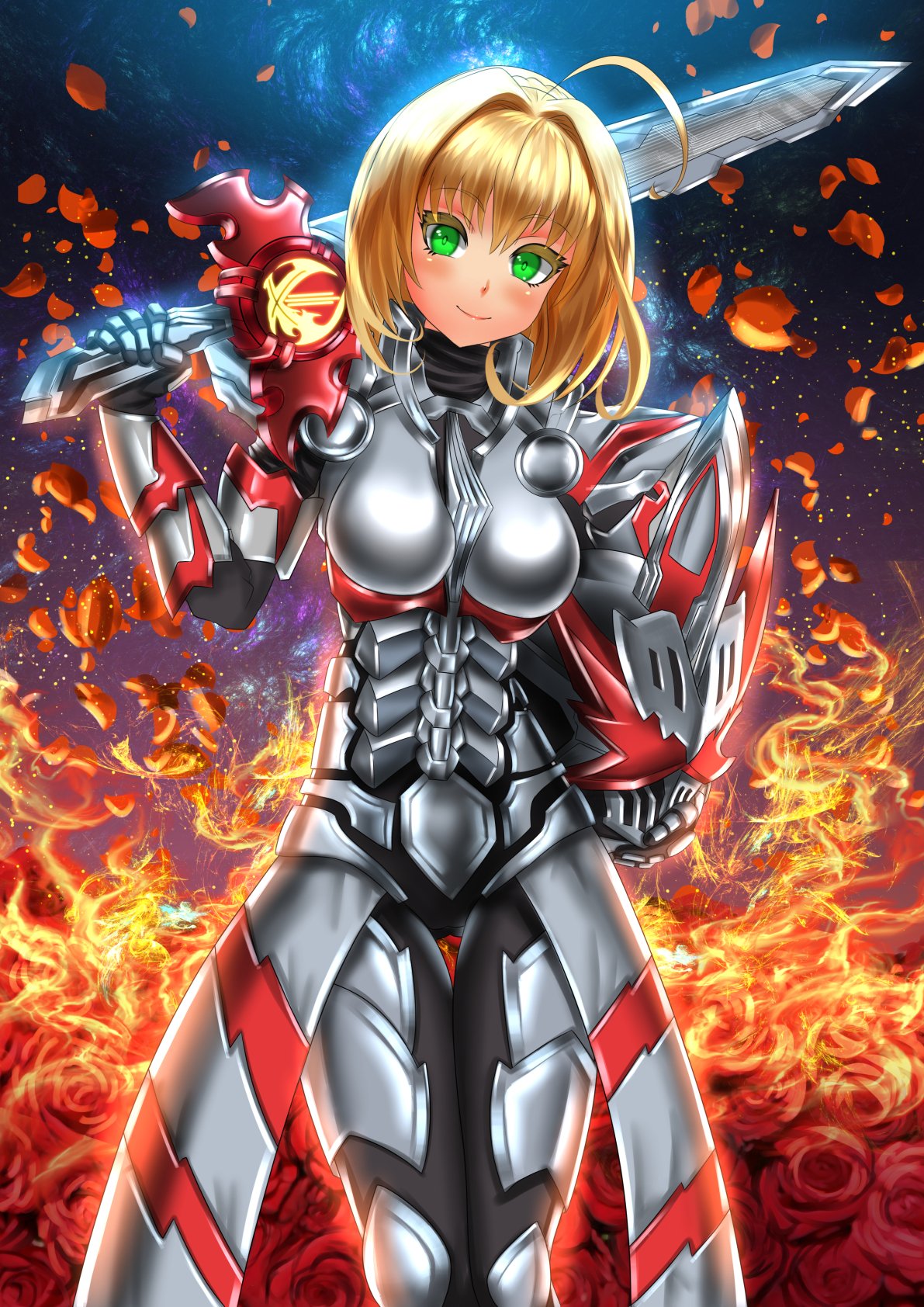 1girl ahoge armor blonde_hair blush breasts cosplay fate/grand_order fate_(series) fire flower green_eyes hair_intakes helmet highres holding holding_helmet holding_sword holding_weapon kaenken_rekka kamen_rider kamen_rider_saber kamen_rider_saber_(cosplay) kamen_rider_saber_(series) kamen_rider_saber_draconic_knight kein_hasegawa large_breasts looking_at_viewer nero_claudius_(fate) nero_claudius_(fate)_(all) rose smile solo standing sword weapon
