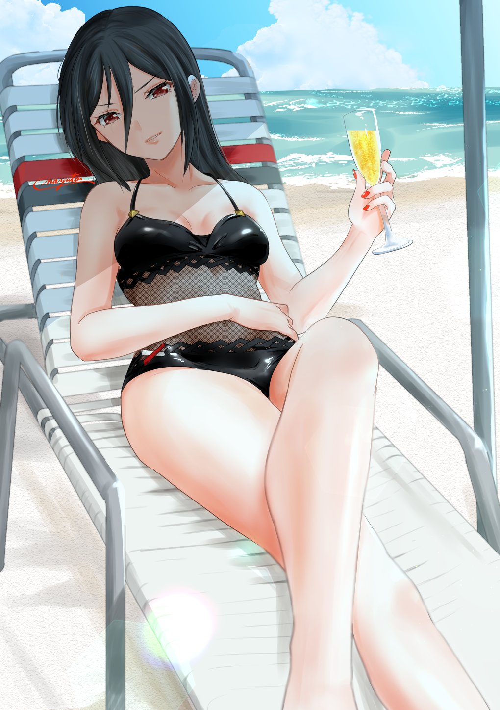 1girl bangs bare_shoulders beach black_hair black_swimsuit breasts brown_eyes chair collarbone fingerless_gloves gloves hair_between_eyes hat highres long_hair looking_at_viewer military morag_ladair_(obligatory_leave)_(xenoblade) morag_ladair_(xenoblade) navel nayuta-kanata one-piece_swimsuit short_hair simple_background small_breasts smile solo swimsuit white_gloves xenoblade_chronicles_(series) xenoblade_chronicles_2