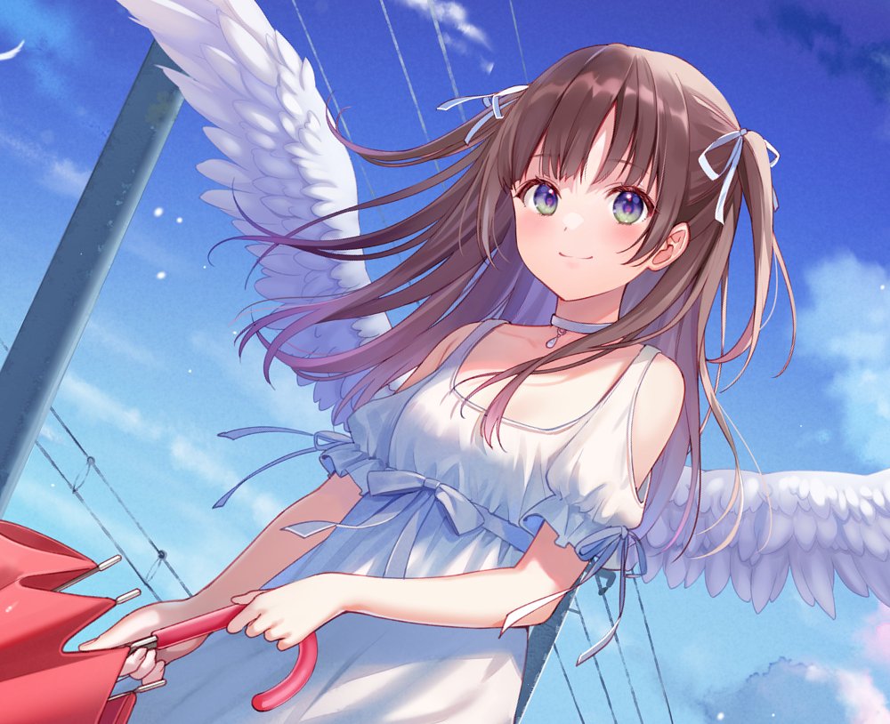 1girl bangs bare_shoulders blue_eyes blush brown_hair choker clothing_cutout collarbone commentary_request day dress eyebrows_visible_through_hair feathered_wings fukahire_(ruinon) holding holding_umbrella original short_sleeves shoulder_cutout sky smile solo two_side_up umbrella utility_pole white_choker white_dress white_wings wings