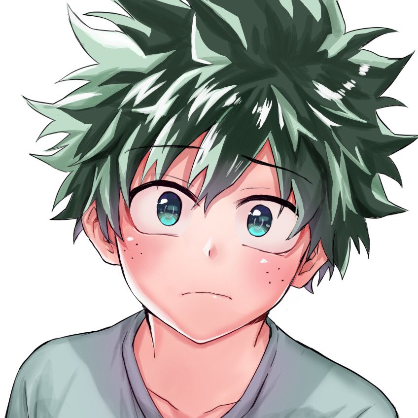 1boy bangs blue_eyes boku_no_hero_academia close-up closed_mouth collarbone commentary_request face freckles frown green_eyes grey_shirt ito_(midorisyunka) looking_at_viewer male_focus midoriya_izuku portrait sad shiny shiny_hair shirt short_hair simple_background solo spiky_hair upper_body wavy_mouth white_background