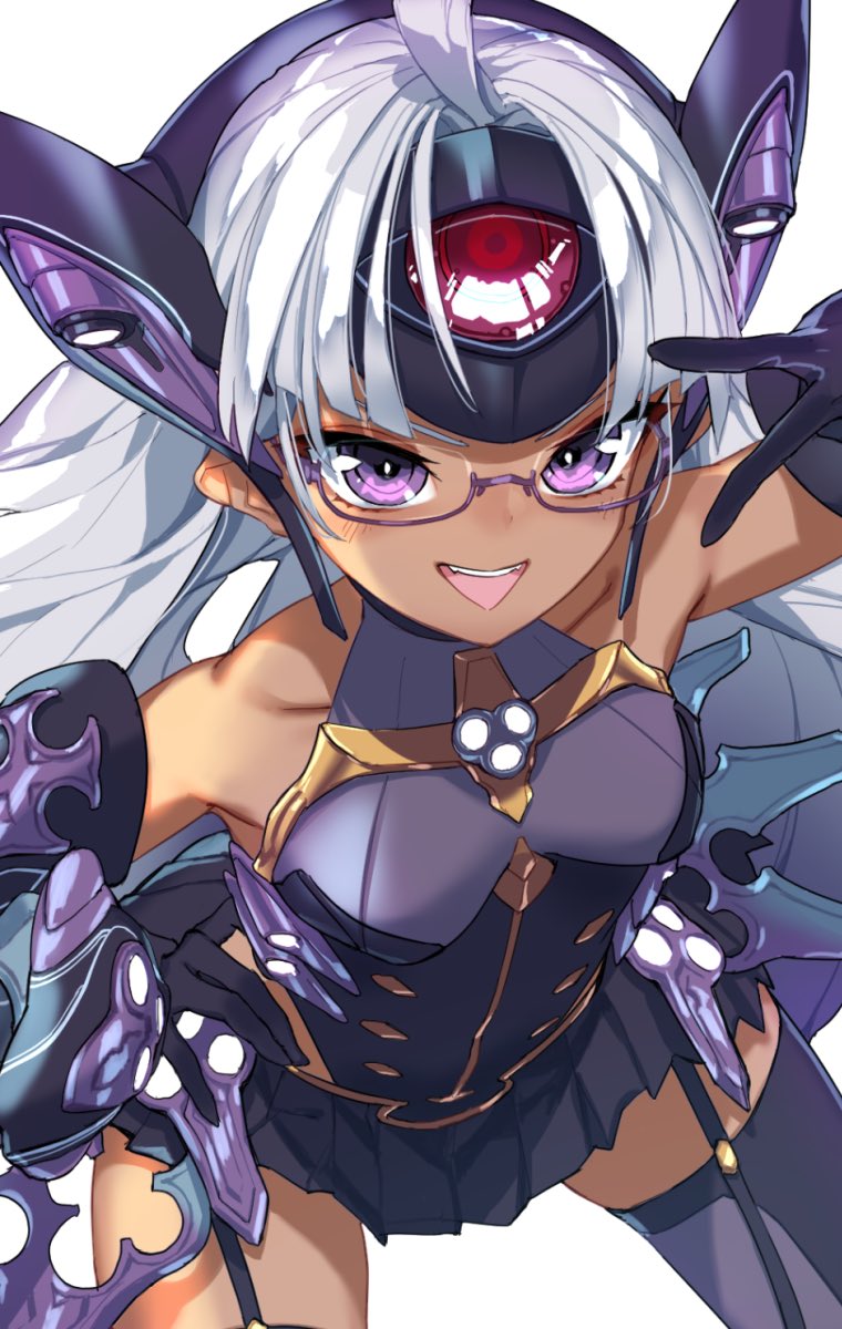 1girl android bare_shoulders blue_eyes breasts dark_skin dark-skinned_female elbow_gloves forehead_protector glasses gloves highres long_hair looking_at_viewer silver_hair simple_background smile solo t-elos t-elos_re: thigh-highs thupoppo xenoblade_chronicles_(series) xenoblade_chronicles_2 xenosaga xenosaga_episode_iii