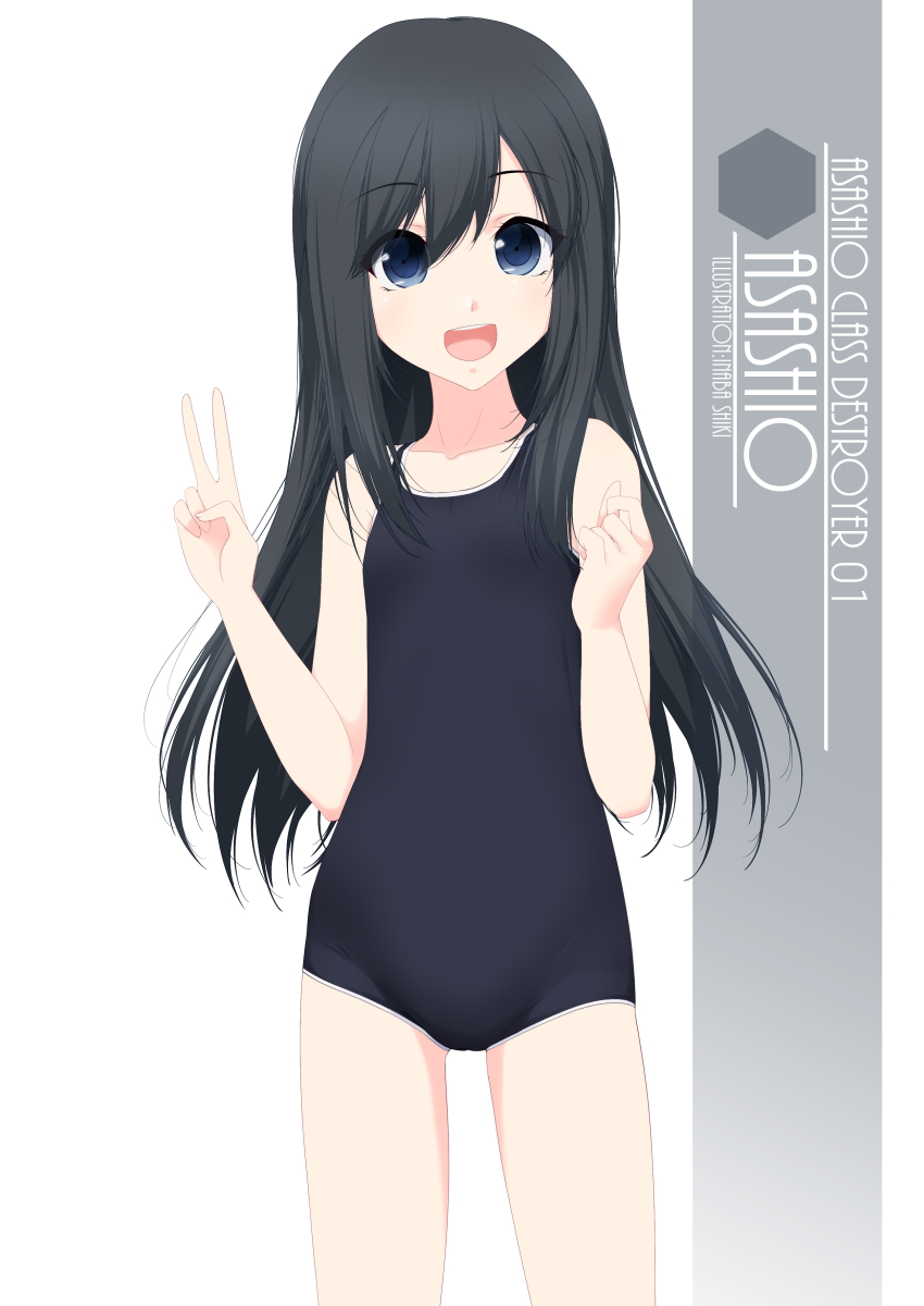 1girl artist_name asashio_(kancolle) black_hair black_swimsuit blue_eyes character_name cowboy_shot flat_chest highres inaba_shiki kantai_collection long_hair looking_at_viewer new_school_swimsuit one-hour_drawing_challenge school_swimsuit simple_background solo standing swimsuit v white_background