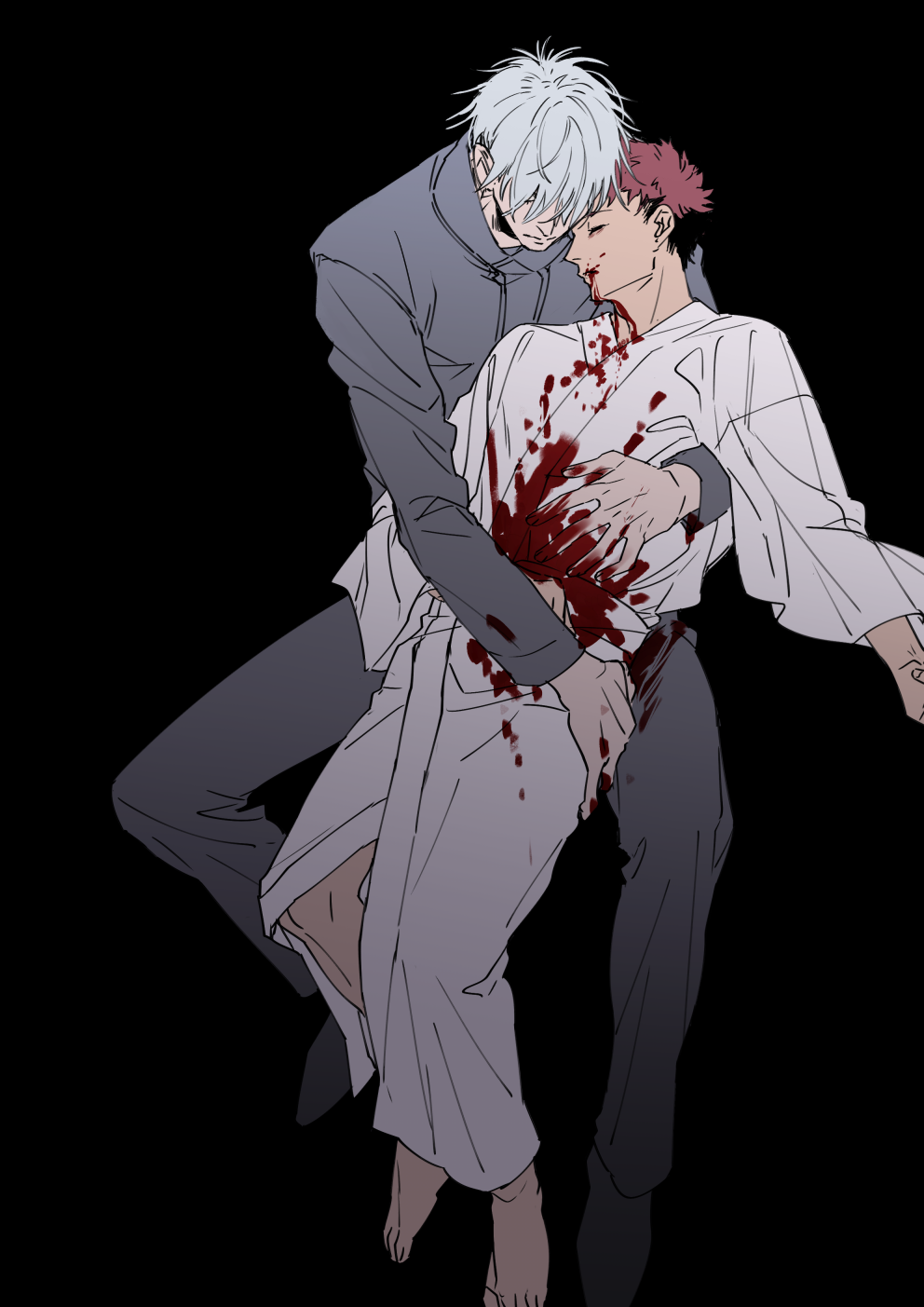 2boys barefoot black_background black_hair black_jacket blood blood_from_mouth blood_on_face bloody_clothes bloody_hands closed_eyes closed_mouth commentary_request drawstring flat_color full_body gojou_satoru grey_footwear grey_pants hair_over_eyes highres hug itadori_yuuji jacket japanese_clothes jujutsu_kaisen kimono long_sleeves male_focus multicolored_hair multiple_boys pants redhead sash shoes short_hair simple_background sitting sketch tenobe two-tone_hair white_hair white_kimono