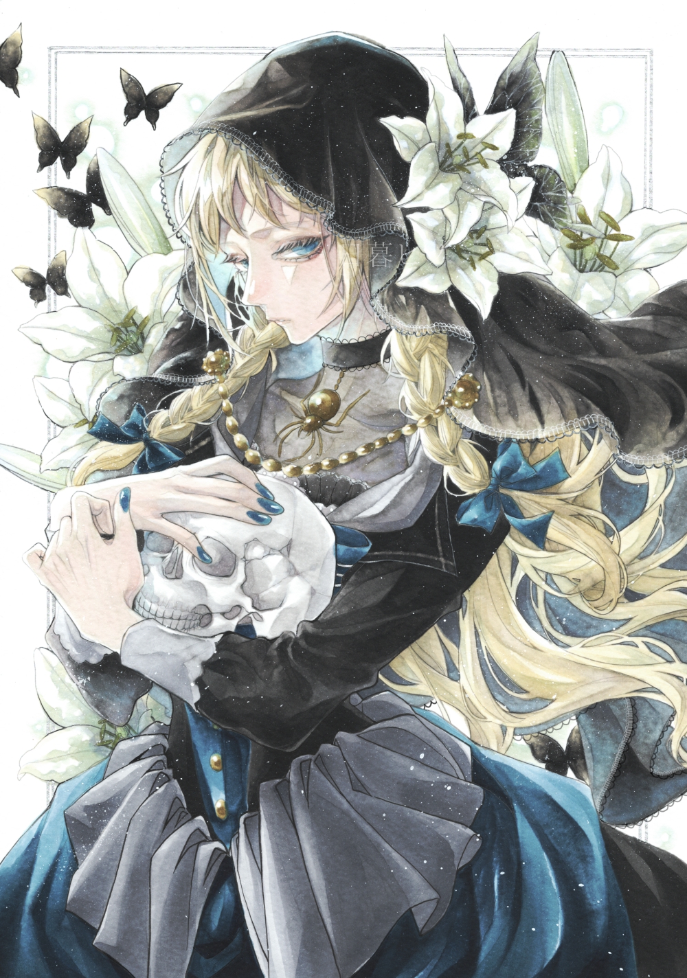 1girl bangs black_butterfly black_dress blonde_hair blue_bow blue_dress blue_nails bow braid bug butterfly chain dress flower hair_bow highres hino_evening holding holding_skull hood insect looking_at_viewer original skull solo standing two-tone_dress white_background