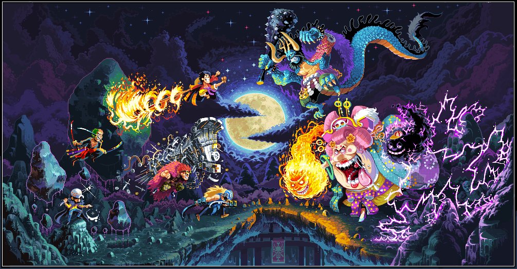 1girl 6+boys alternate_form arm_tattoo black_hair blonde_hair charlotte_linlin clenched_teeth clouds club coat coat_on_shoulders dragon_boy dragon_horns dragon_tail dual_wielding eleven_supernova eustass_captain_kid evil_smile fire floating floating_object full_moon green_hair grin hat height_difference holding holding_sword holding_weapon horns japanese_clothes kaidou_(one_piece) kanabou killer_(one_piece) kimono lightning lipstick long_hair makeup mask monkey_d._luffy moon multiple_boys napoleon_(one_piece) neorice night old old_woman one_piece pants pink_hair pirate_hat prometheus_(one_piece) redhead roronoa_zoro saliva short_hair shorts size_difference sky smile spikes spoilers star_(sky) starry_sky sword tail tattoo teeth tongue tongue_out trafalgar_law vest weapon zeus_(one_piece)