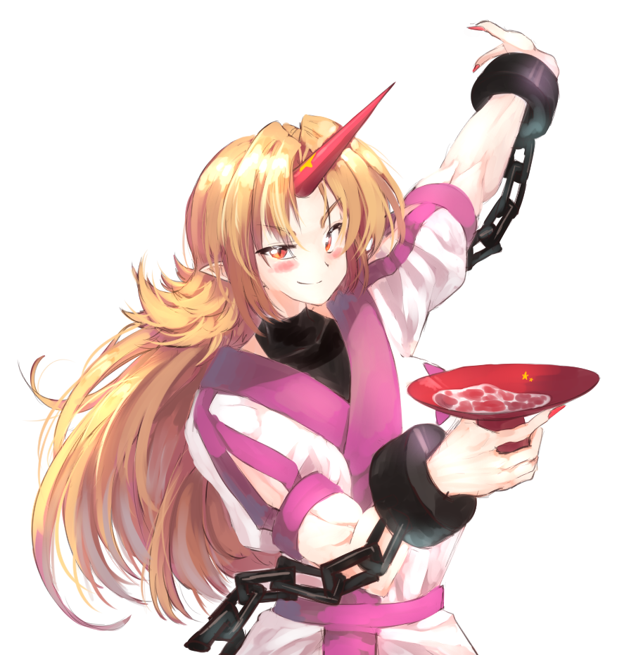 alcohol blonde_hair chain cuffs horns hoshiguma_yuugi in_container oni pointy_ears red_eyes sake single_horn smile star_(symbol) strong sunyup touhou