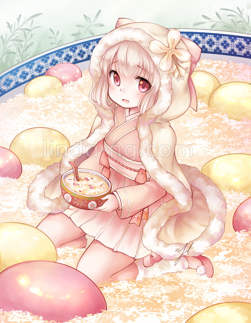 1girl bangs blush bowl chinese_clothes commentary egg english_commentary eyebrows_visible_through_hair flower food food_fantasy from_above fur_trim holding holding_bowl hood in_food jiuniang jiuniang_(food_fantasy) kneeling long_sleeves looking_at_viewer namesake open_mouth pink_eyes pink_footwear pink_theme pom_pom_(clothes) red_eyes sitting smile solo symbol_commentary wariza watermark yoli-chan