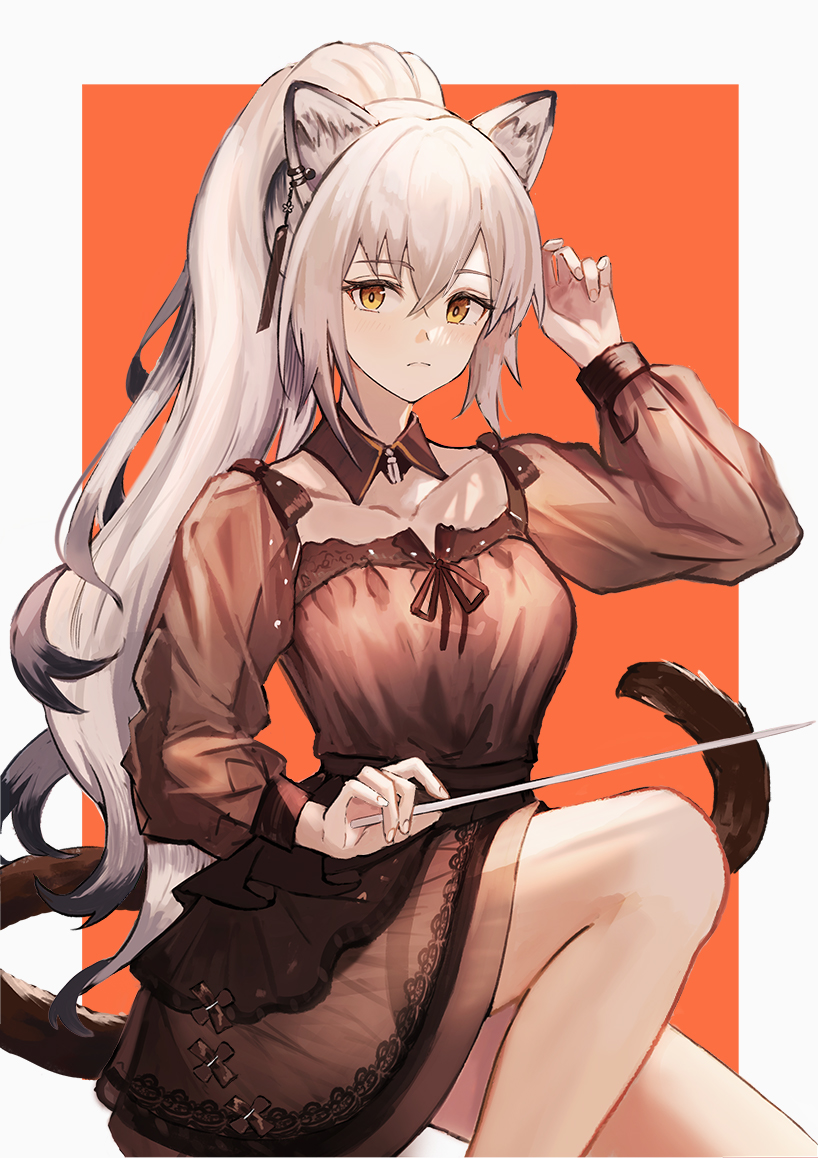 1girl animal_ears arknights bangs baton_(instrument) black_dress cat_ears cat_tail commentary dress ema_(kuguiema) hair_between_eyes hand_up holding long_hair long_sleeves looking_at_viewer official_alternate_costume schwarz_(arknights) silver_hair solo tail yellow_eyes