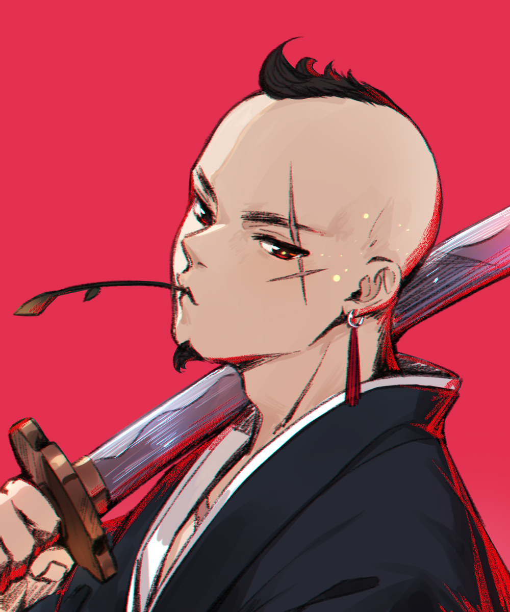 1boy beard black_hair black_kimono closed_mouth copyright_request earrings facial_hair highres holding holding_sword holding_weapon japanese_clothes jewelry katana kimono looking_at_viewer male_focus maya_g mouth_hold over_shoulder red_background red_eyes scar scar_across_eye simple_background solo stalk_in_mouth sword sword_over_shoulder thick_eyebrows upper_body weapon weapon_over_shoulder