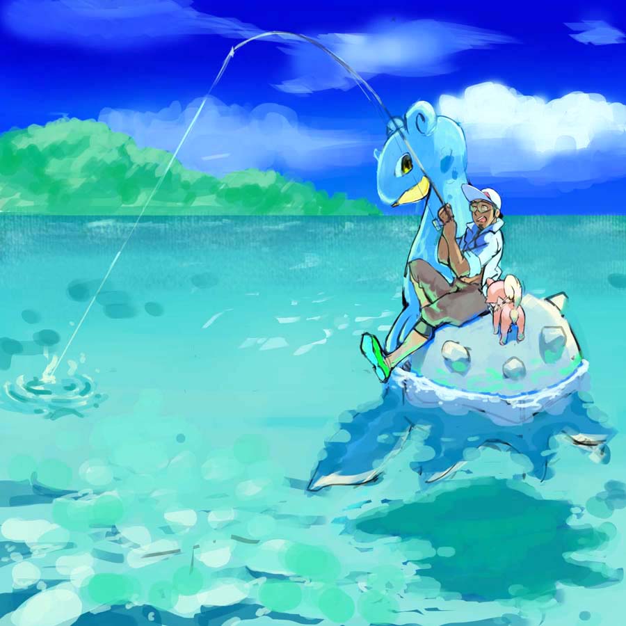 1boy baseball_cap brown_pants clouds commentary_request dark_skin dark_skinned_male day fishing fishing_rod gen_1_pokemon gen_7_pokemon green_footwear hat holding holding_fishing_rod kukui_(pokemon) labcoat lapras male_focus open_mouth outdoors pants pokemon pokemon_(creature) pokemon_(game) pokemon_sm riding_pokemon ripples rockruff shoes sitting sky sleeves_rolled_up smile tofu_(pixiv10770344) upper_teeth water white_headwear